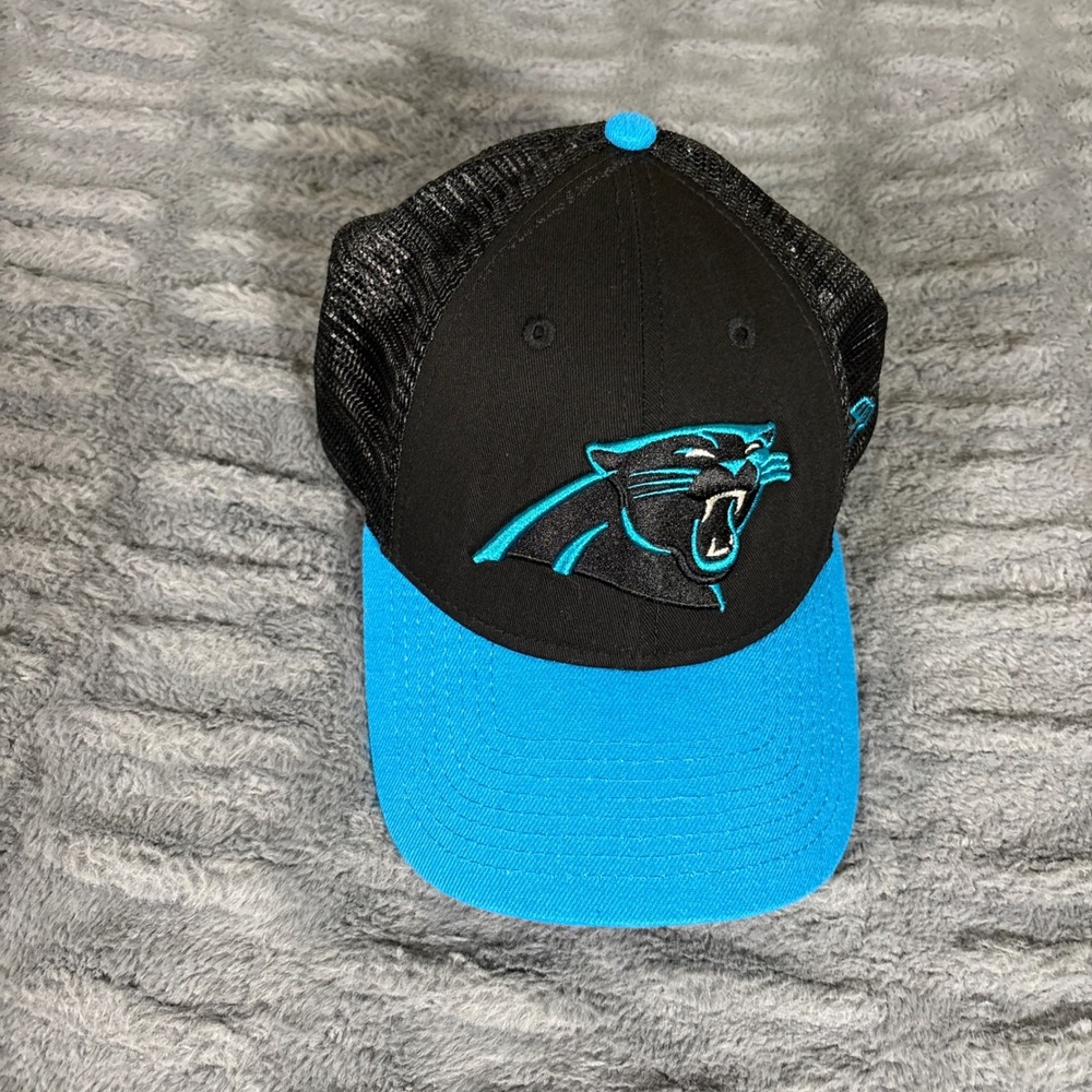 New Era 9FORTY Carolina Panthers NFL Trucker Hat Black Blue Snapback Cap OSFM
